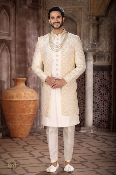 Radiant Yellow Indo Western Jacket Set for Men with Aligarhi Pant Wedding Wear Kurta Pajama Wholesale