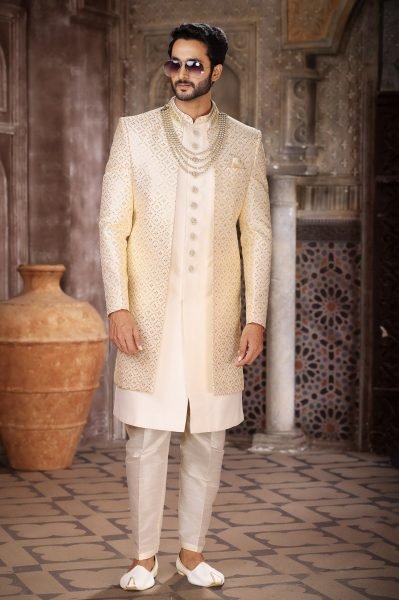 Radiant Yellow Indo Western Jacket Set for Men with Aligarhi Pant Wedding Wear Kurta Pajama Wholesale