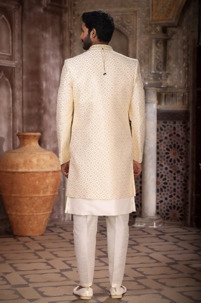 Radiant Yellow Indo Western Jacket Set for Men with Aligarhi Pant Wedding Wear Kurta Pajama Wholesale