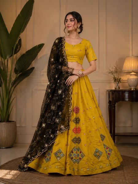 Radiant Yellow Roman Silk Navratri Lehenga Choli with Embroidered Georgette Dupatta  Lehenga