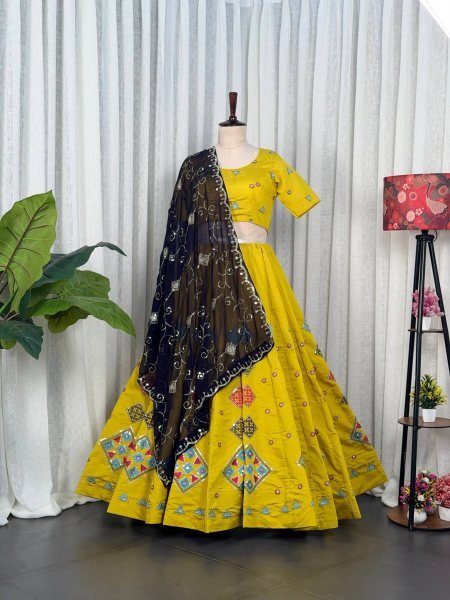 Radiant Yellow Roman Silk Navratri Lehenga Choli with Embroidered Georgette Dupatta Navratri Lehnega Choli