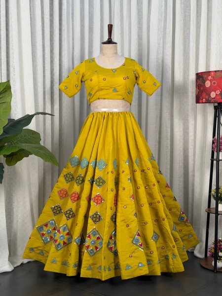 Radiant Yellow Roman Silk Navratri Lehenga Choli with Embroidered Georgette Dupatta Navratri Lehnega Choli