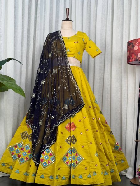 Radiant Yellow Roman Silk Navratri Lehenga Choli with Embroidered Georgette Dupatta Navratri Lehnega Choli