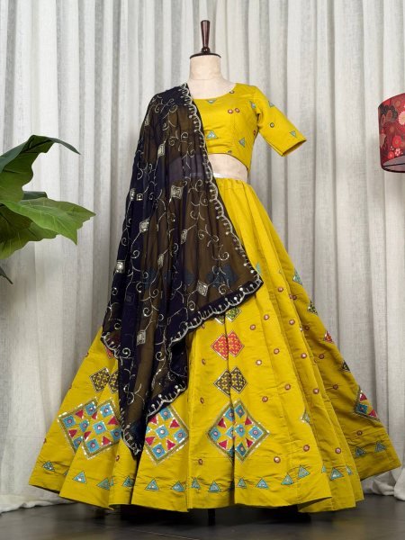 Radiant Yellow Roman Silk Navratri Lehenga Choli with Embroidered Georgette Dupatta Navratri Lehnega Choli