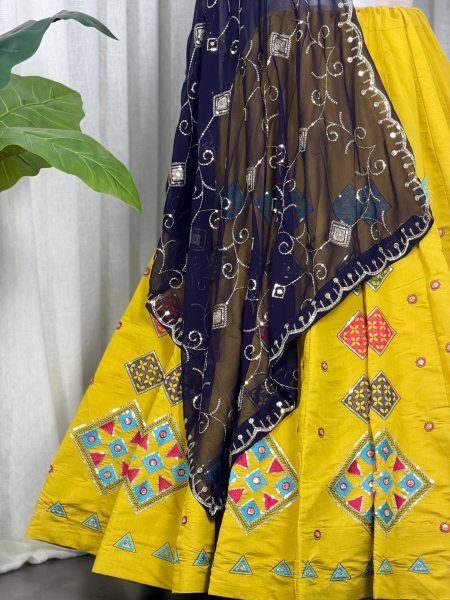 Radiant Yellow Roman Silk Navratri Lehenga Choli with Embroidered Georgette Dupatta Navratri Lehnega Choli