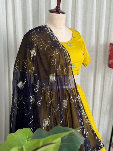 Radiant Yellow Roman Silk Navratri Lehenga Choli with Embroidered Georgette Dupatta Navratri Lehnega Choli