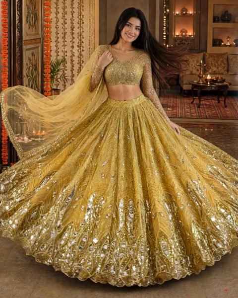 Radiant Yellow Soft Net Lehenga with Heavy Sequin Embroidery and Can Can For Party Designer Lehenga Choli