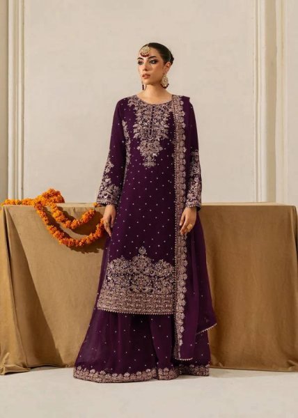 Radiating Purple 3 Piece Viscos Velvet Sequence Work Suit Set with Lace Dupatta for Winter Party Wear  Ready To Wear Collection