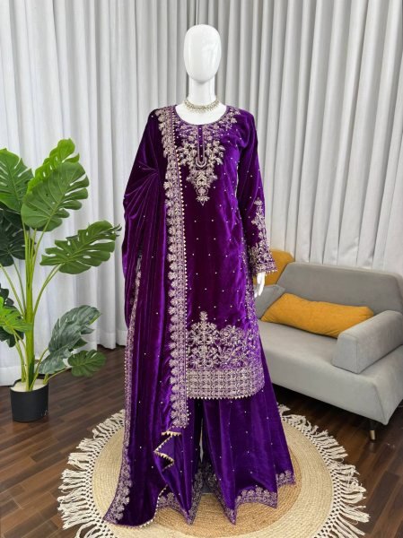 Radiating Purple 3 Piece Viscos Velvet Sequence Work Suit Set with Lace Dupatta for Winter Party Wear  Ready To Wear Collection