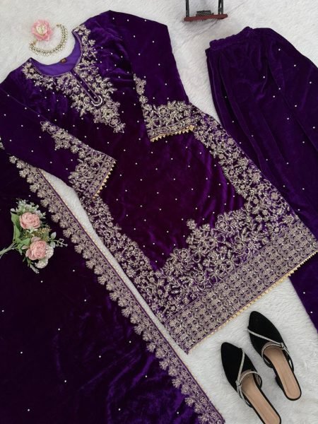 Radiating Purple 3 Piece Viscos Velvet Sequence Work Suit Set with Lace Dupatta for Winter Party Wear  Ready To Wear Collection