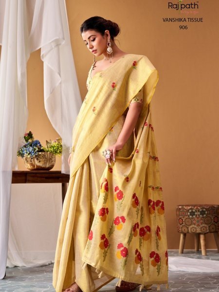 RajPath VANSHIKA Cream Tissue Silk Saree with Woven Design and Tassels For Wedding