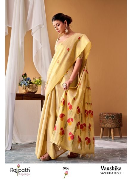 RajPath VANSHIKA Cream Tissue Silk Saree with Woven Design and Tassels For Wedding Silk Sarees Wholesale
