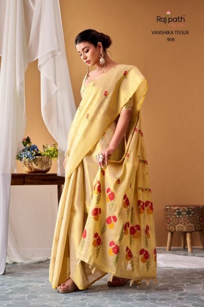 RajPath VANSHIKA Cream Tissue Silk Saree with Woven Design and Tassels For Wedding Silk Sarees Wholesale
