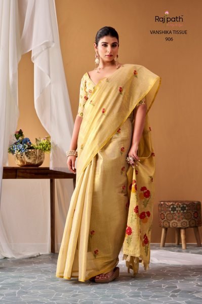 RajPath VANSHIKA Cream Tissue Silk Saree with Woven Design and Tassels For Wedding Silk Sarees Wholesale