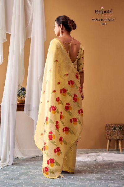 RajPath VANSHIKA Cream Tissue Silk Saree with Woven Design and Tassels For Wedding Silk Sarees Wholesale