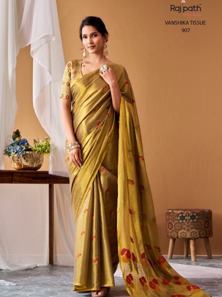 Rajpath Vanshika Tissue Silk Saree In Dark Mustard Green With Floral Prints For Party