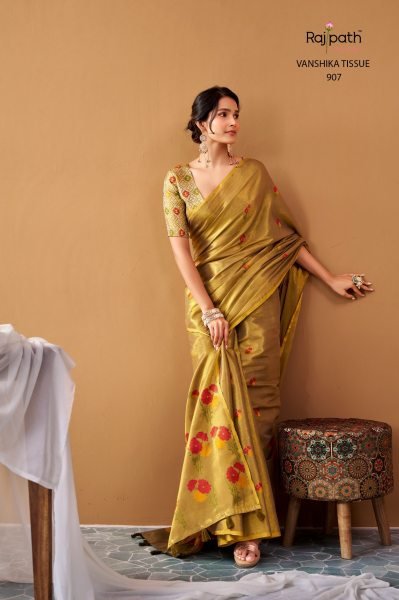 Rajpath Vanshika Tissue Silk Saree In Dark Mustard Green With Floral Prints For Party Silk Sarees Wholesale