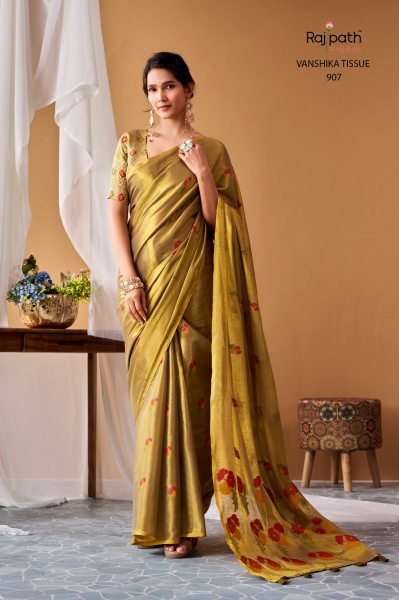 Rajpath Vanshika Tissue Silk Saree In Dark Mustard Green With Floral Prints For Party Silk Sarees Wholesale