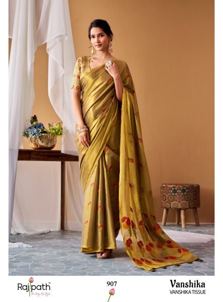 Rajpath Vanshika Tissue Silk Saree In Dark Mustard Green With Floral Prints For Party Silk Sarees Wholesale