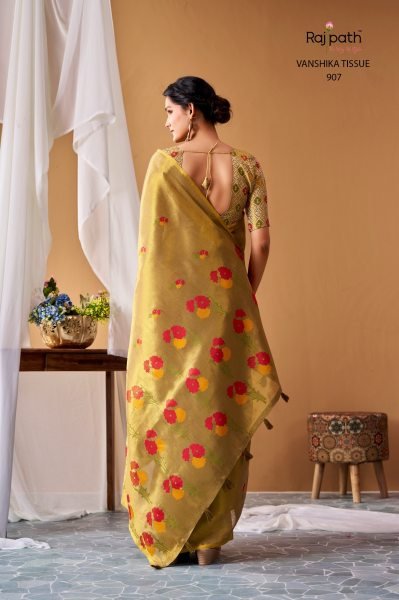 Rajpath Vanshika Tissue Silk Saree In Dark Mustard Green With Floral Prints For Party Silk Sarees Wholesale