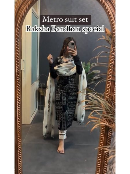 Raksha Bandhan Special Back and White Color Digital Print With Mirror Work Suit Set  Ready To Wear Collection
