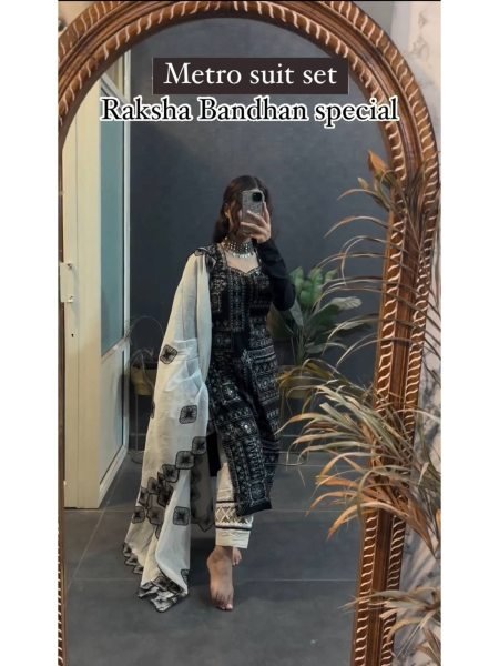 Raksha Bandhan Special Back and White Color Digital Print With Mirror Work Suit Set  Ready To Wear Collection