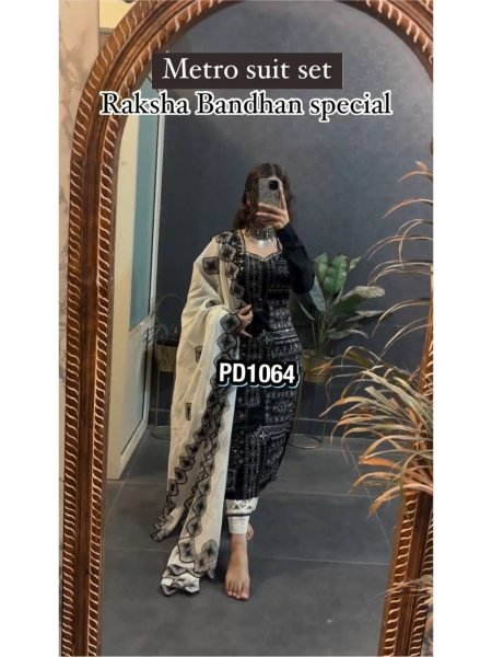Raksha Bandhan Special Back and White Color Digital Print With Mirror Work Suit Set  Ready To Wear Collection