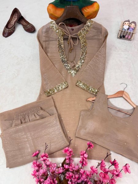 Raksha Bandhan Special Cream Crunchy Silk Kurti Palazzo Co Ord Set for Women CO ORD Sets
