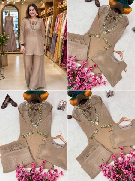 Raksha Bandhan Special Cream Crunchy Silk Kurti Palazzo Co Ord Set for Women CO ORD Sets
