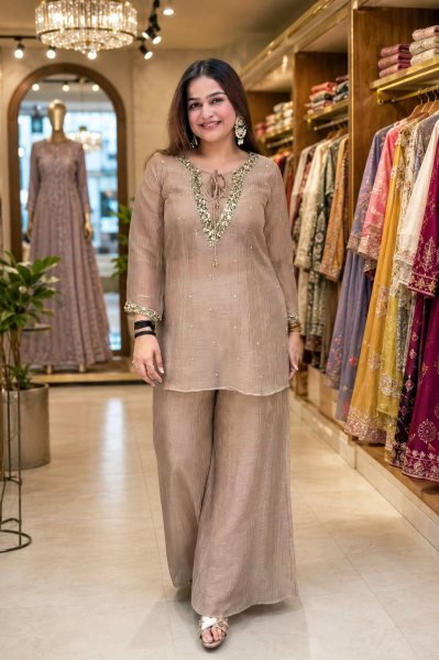 Raksha Bandhan Special Cream Crunchy Silk Kurti Palazzo Co Ord Set for Women CO ORD Sets