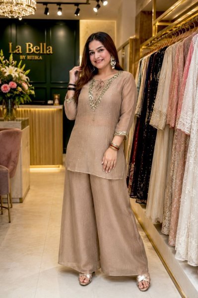 Raksha Bandhan Special Cream Crunchy Silk Kurti Palazzo Co Ord Set for Women CO ORD Sets