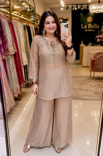 Raksha Bandhan Special Cream Crunchy Silk Kurti Palazzo Co Ord Set for Women CO ORD Sets