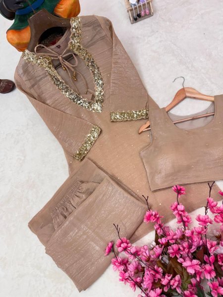 Raksha Bandhan Special Cream Crunchy Silk Kurti Palazzo Co Ord Set for Women CO ORD Sets
