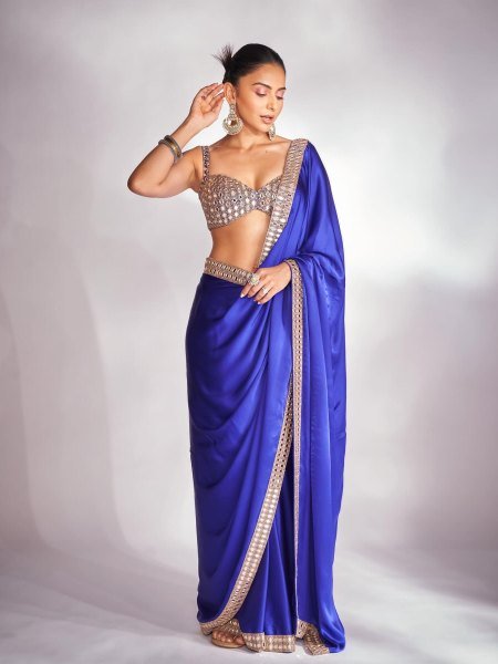 Rakul Preet Singh Wearing A Designer Mirror Work Satin Saree with Embroidered Blouse Sarees 