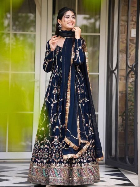Rama Blue Faux Georgette Embroidered Suit with Lace Dupatta Ready to Wear Ready To Wear Suit