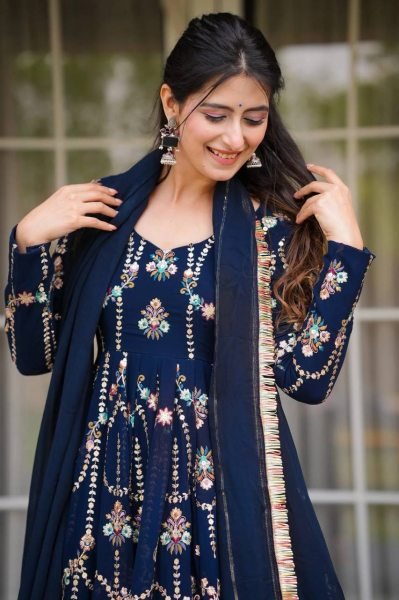 Rama Blue Faux Georgette Embroidered Suit with Lace Dupatta Ready to Wear Ready To Wear Collection