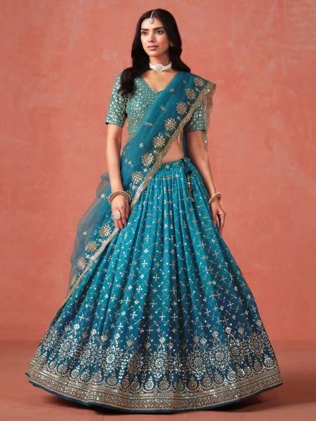 Rama Blue Ombre Georgette Lehenga Set with Heavy Zari   Sequin Embroidery for Weddings   Parties  Lehenga