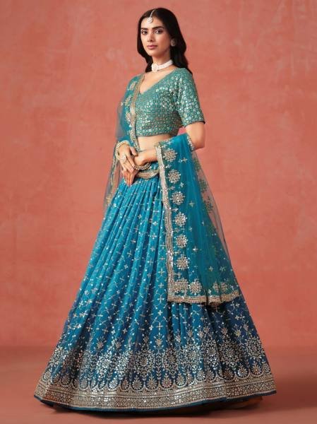 Rama Blue Ombre Georgette Lehenga Set with Heavy Zari   Sequin Embroidery for Weddings   Parties Bridal Lehenga Choli