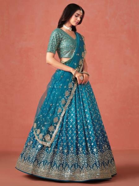 Rama Blue Ombre Georgette Lehenga Set with Heavy Zari   Sequin Embroidery for Weddings   Parties Bridal Lehenga Choli