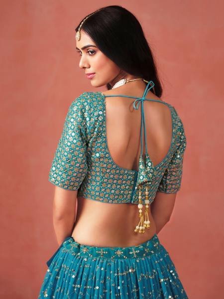 Rama Blue Ombre Georgette Lehenga Set with Heavy Zari   Sequin Embroidery for Weddings   Parties Bridal Lehenga Choli
