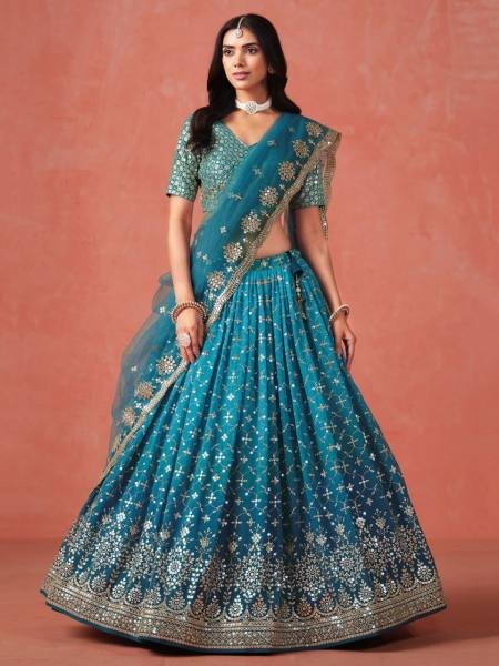 Rama Blue Ombre Georgette Lehenga Set with Heavy Zari   Sequin Embroidery for Weddings   Parties Bridal Lehenga Choli