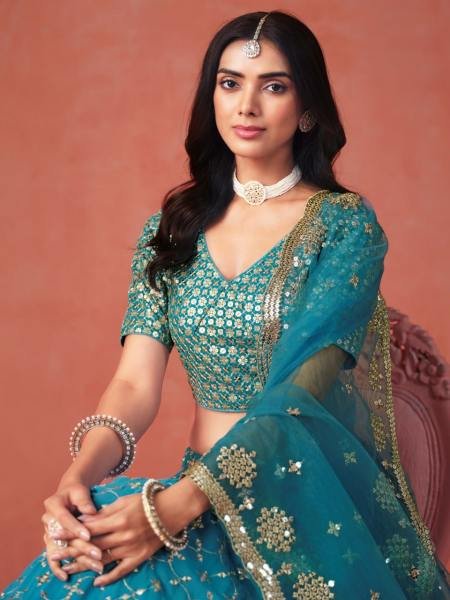 Rama Blue Ombre Georgette Lehenga Set with Heavy Zari   Sequin Embroidery for Weddings   Parties Bridal Lehenga Choli