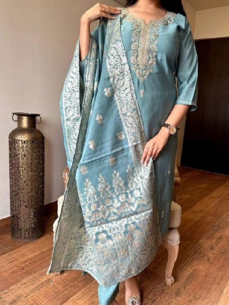 Rama Chanderi Kurti Set with Embroidery and Jacquard Dupatta