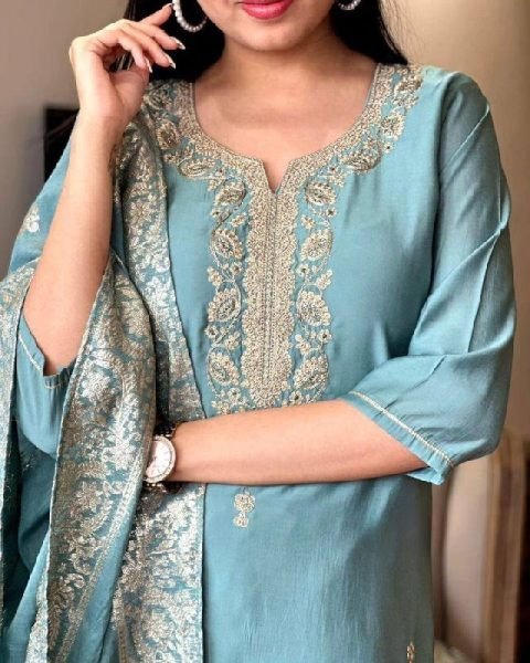 Rama Chanderi Kurti Set with Embroidery and Jacquard Dupatta 3 Piece Kurti Set