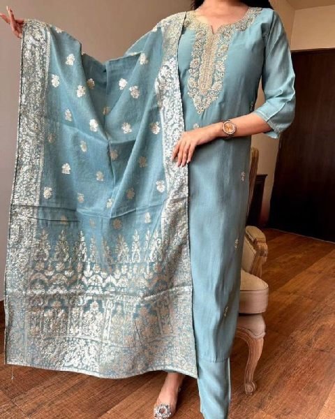 Rama Chanderi Kurti Set with Embroidery and Jacquard Dupatta 3 Piece Kurti Set