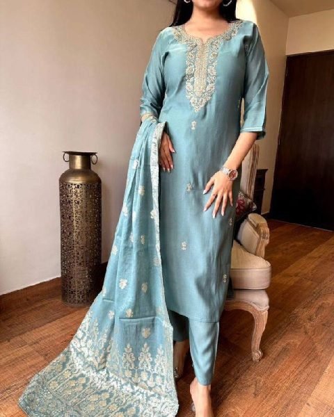 Rama Chanderi Kurti Set with Embroidery and Jacquard Dupatta 3 Piece Kurti Set
