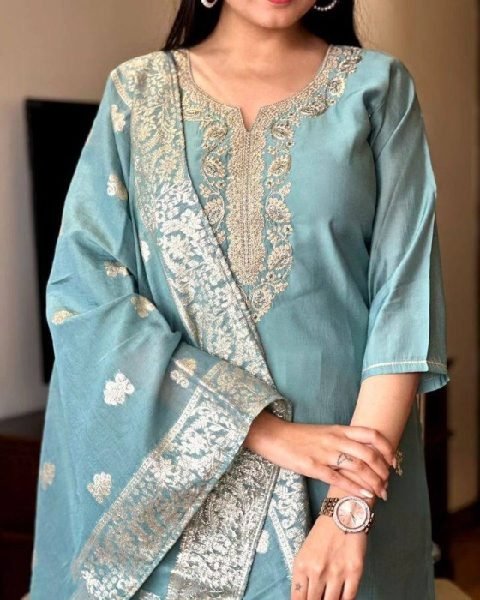 Rama Chanderi Kurti Set with Embroidery and Jacquard Dupatta 3 Piece Kurti Set