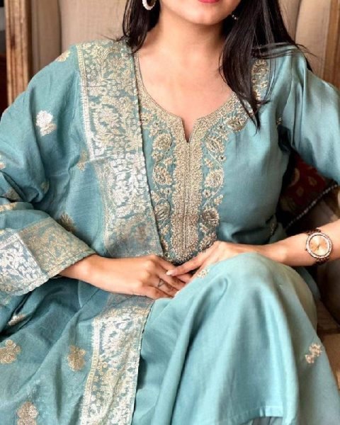 Rama Chanderi Kurti Set with Embroidery and Jacquard Dupatta 3 Piece Kurti Set