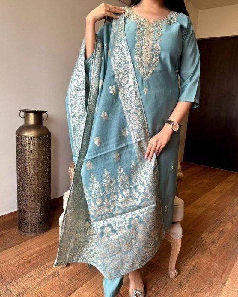 Rama Chanderi Kurti Set with Embroidery and Jacquard Dupatta 3 Piece Kurti Set