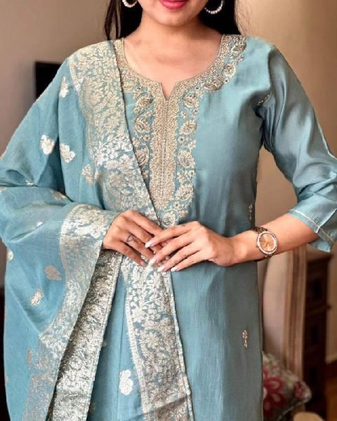 Rama Chanderi Kurti Set with Embroidery and Jacquard Dupatta 3 Piece Kurti Set